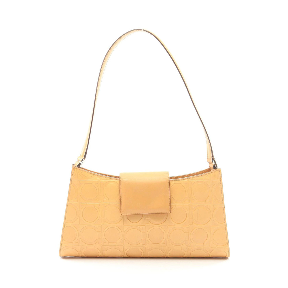 Salvatore Ferragamo Gancini Embossed Leather Shoulder Bag Beige Tan